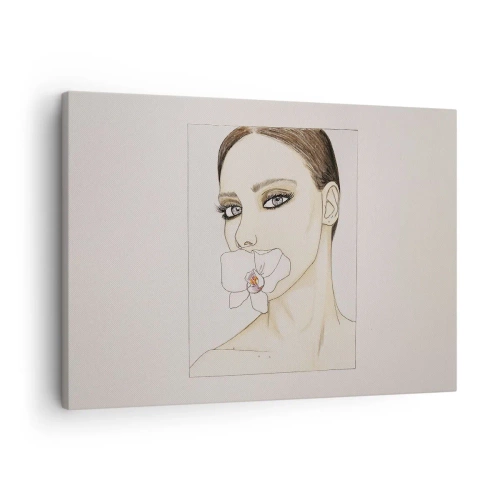 Obraz na plátne - Portrét ženy s orchideou v jemných farbách - 70x50cm - Symbol elegancie a krásy - Moderná nástenná dekorácia do obývacej izby a spálne ARTTOR