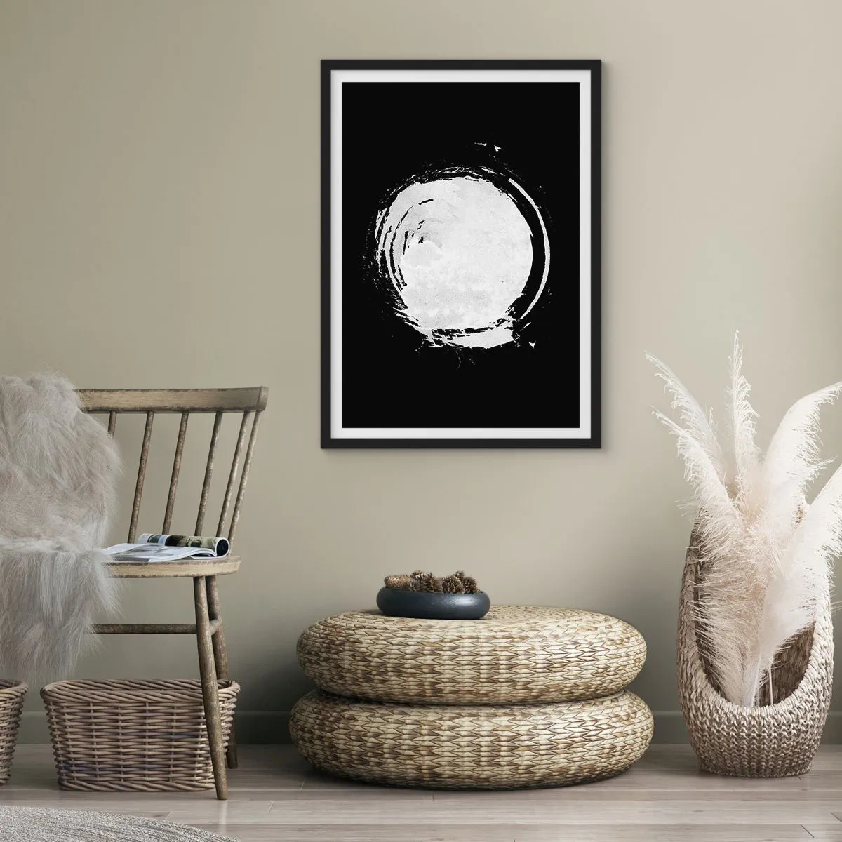 Plagát v čiernom ráme - Biely abstraktný kruhový tvar na čiernom pozadí - 50x70cm - Správne riešenie - Moderná nástenná dekorácia do obývacej izby a spálne ARTTOR