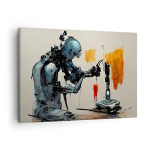 Obraz na plátne - Robot pri práci s abstraktným pozadím - 70x50cm - Už zajtra… - Moderná nástenná dekorácia do obývacej izby a spálne ARTTOR