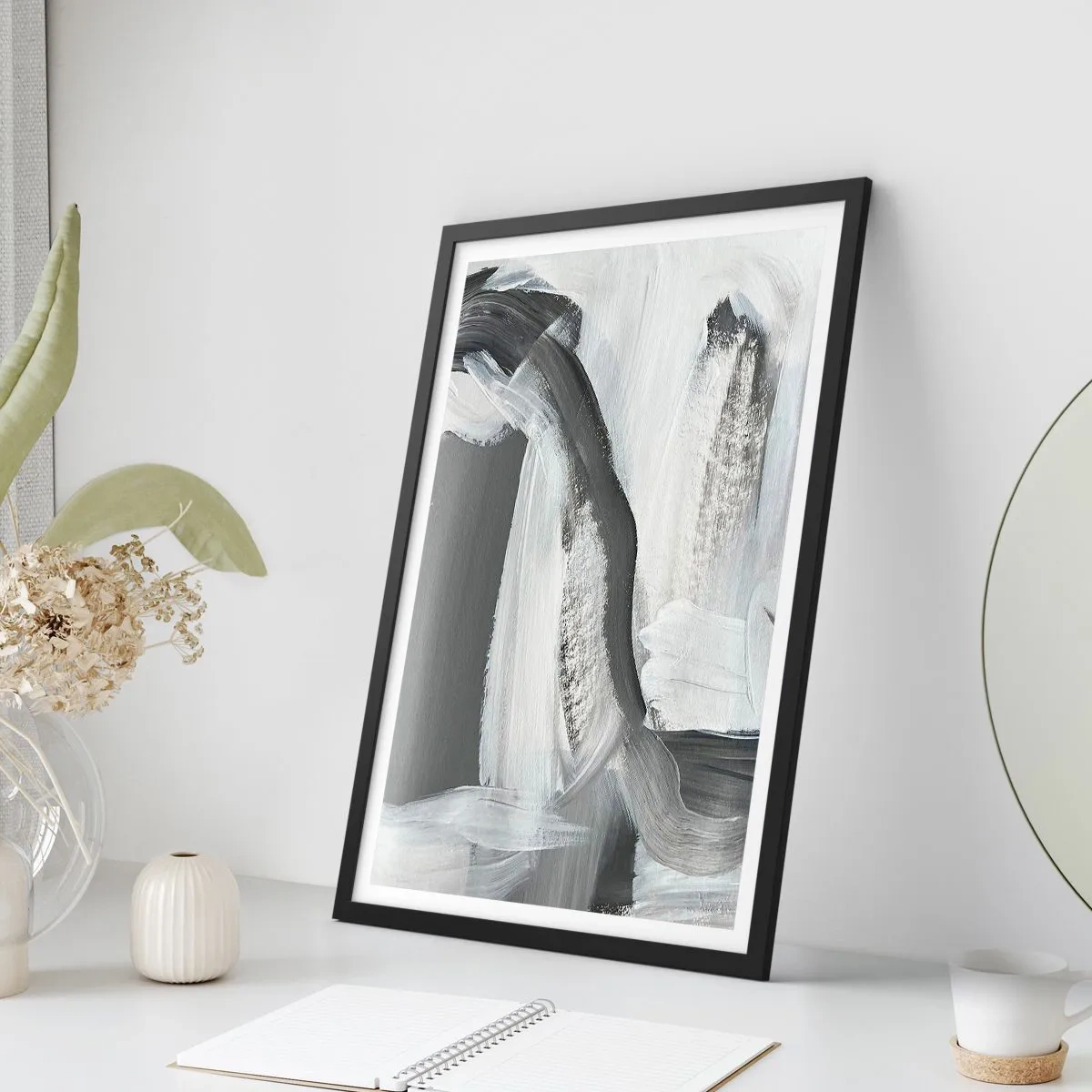 Plagát v čiernom ráme - Abstraktná kompozícia čiernej, bielej a sivej - 50x70cm - Pevným pohybom - Moderná nástenná dekorácia do obývacej izby a spálne ARTTOR