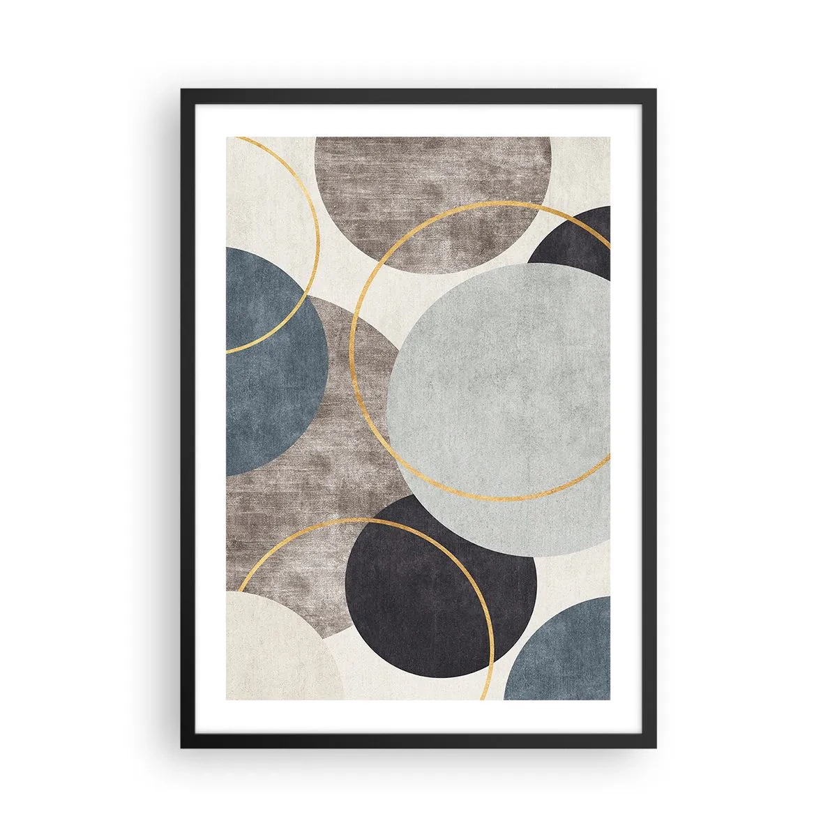 Plagát v čiernom ráme - Abstraktná geometrická kompozícia s kruhmi v odtieňoch modrej. - 50x70cm - Kruh za kruhom - Moderná nástenná dekorácia do obývacej izby a spálne ARTTOR