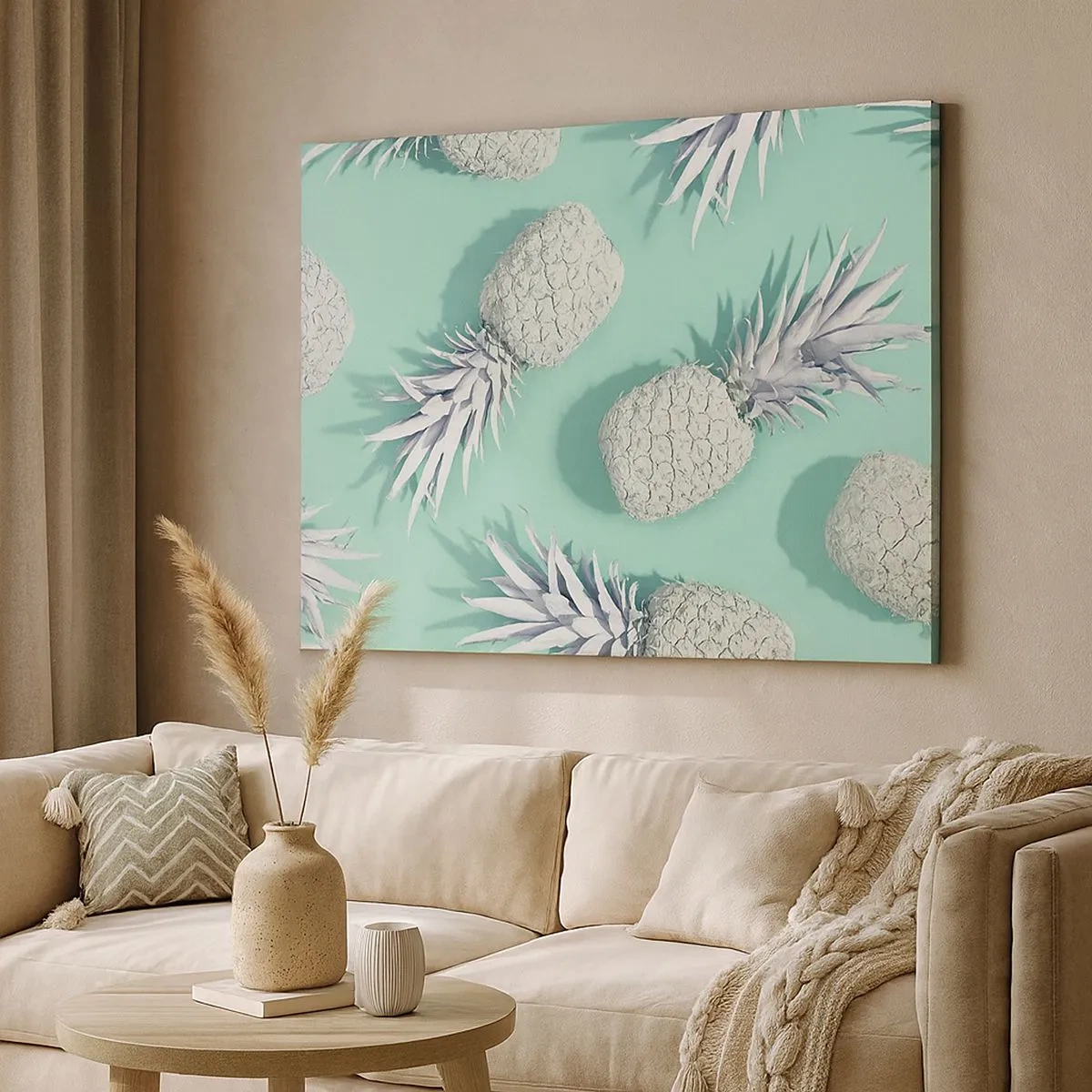 Obraz na plátne - Biele ananásy na pastelovom pozadí v minimalistickom štýle - 70x50cm - skvele ladia s mätou - Moderná nástenná dekorácia do obývacej izby a spálne ARTTOR