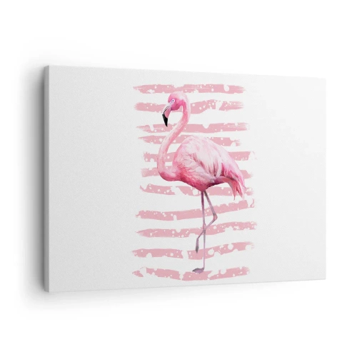 Obraz na plátne - Plameniak na ružovom pozadí v minimalistickom štýle - 70x50cm - Dôstojne, aj keď v ružovej - Moderná nástenná dekorácia do obývacej izby a spálne ARTTOR