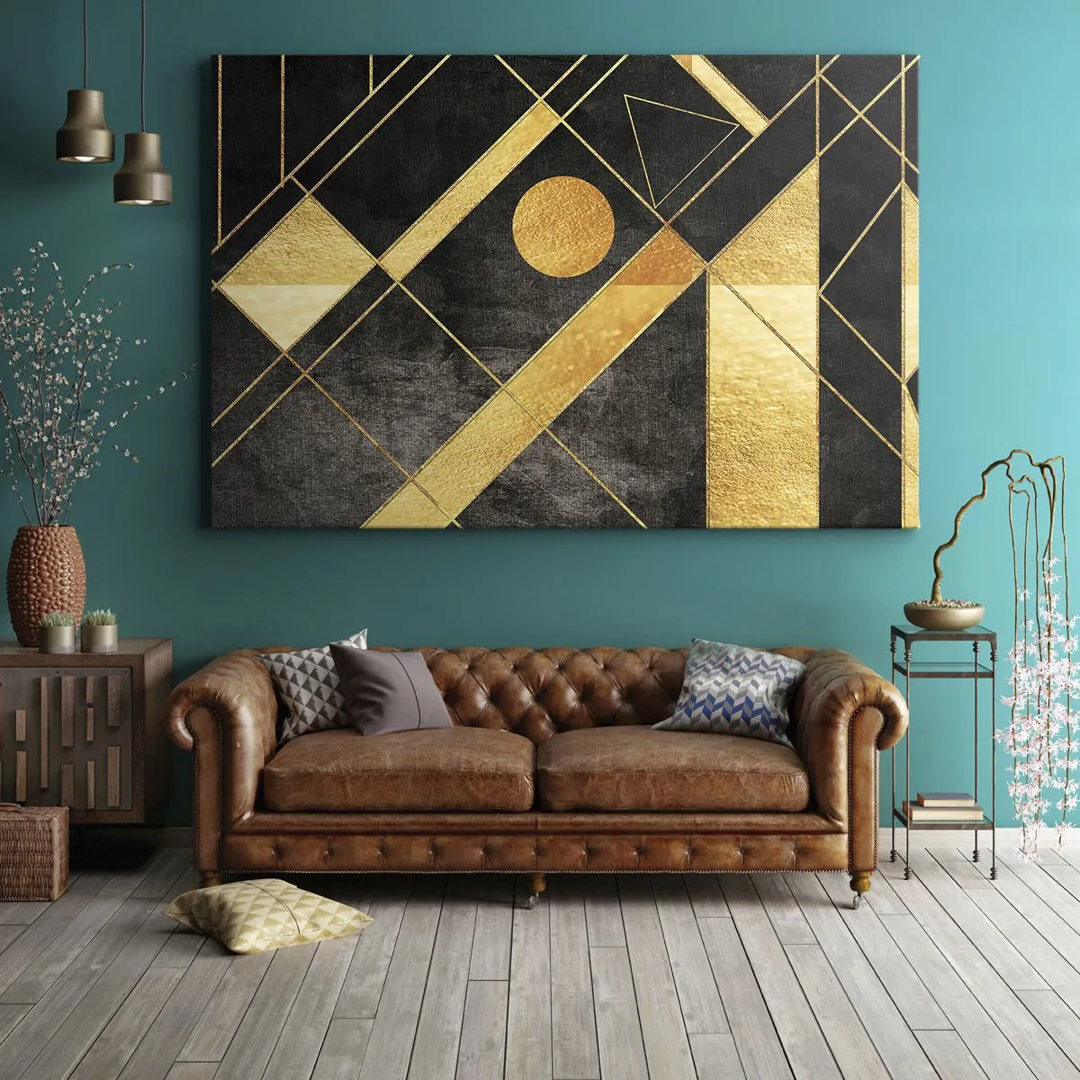 Obraz na plátne - Geometrické tvary v zlatých a čiernych tónoch - 70x50cm - Slnko púšte - Moderná nástenná dekorácia do obývacej izby a spálne ARTTOR