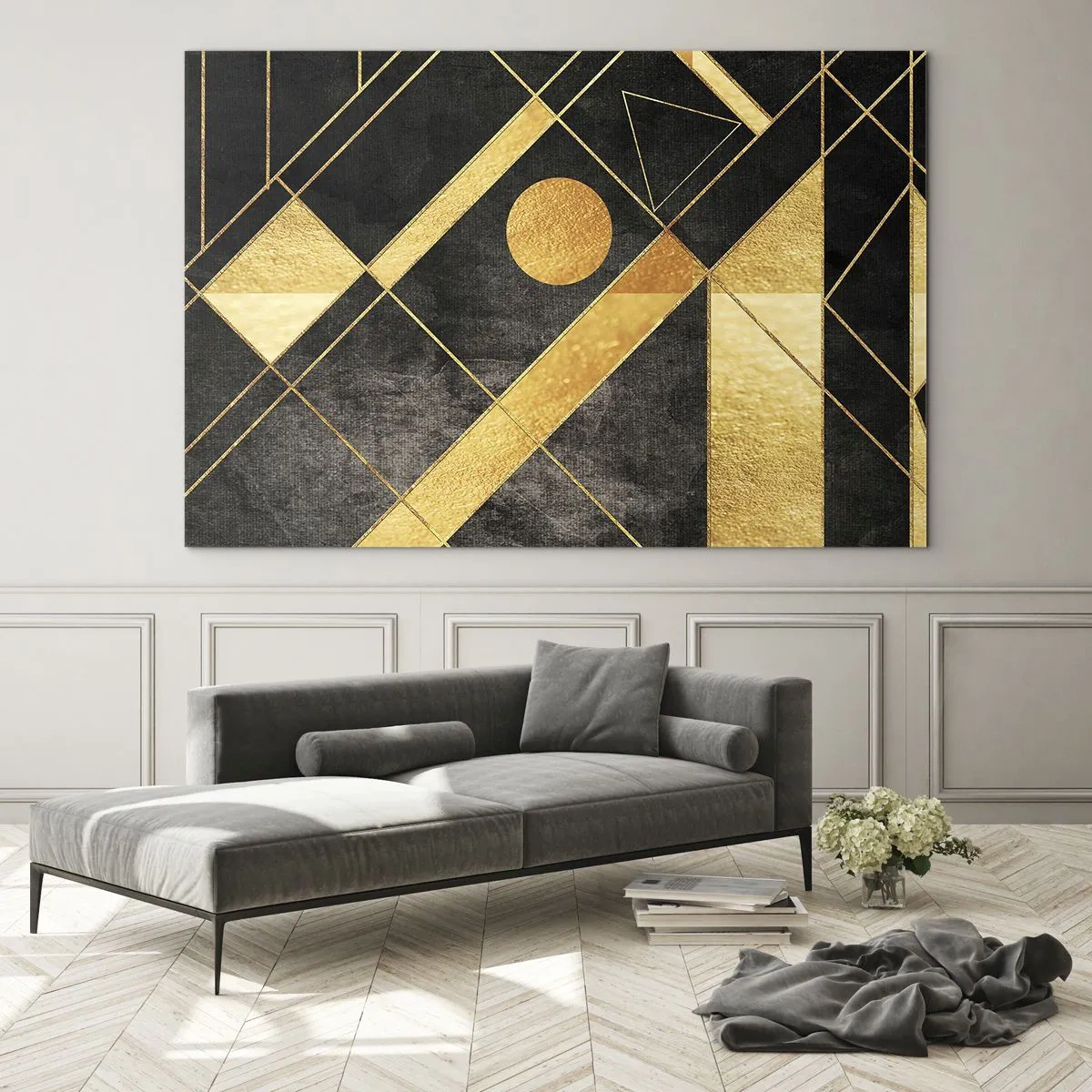 Obraz na skle - Zlaté geometrické vzory na čiernom pozadí - 70x50cm - Slnko púšte - Moderná nástenná dekorácia do obývacej izby a spálne ARTTOR