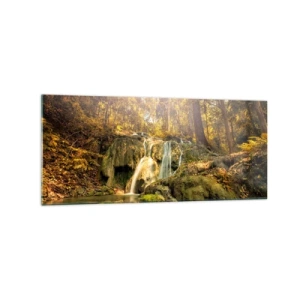 Obraz na skle - Lesný vodopád v zeleni - 120x50 cm