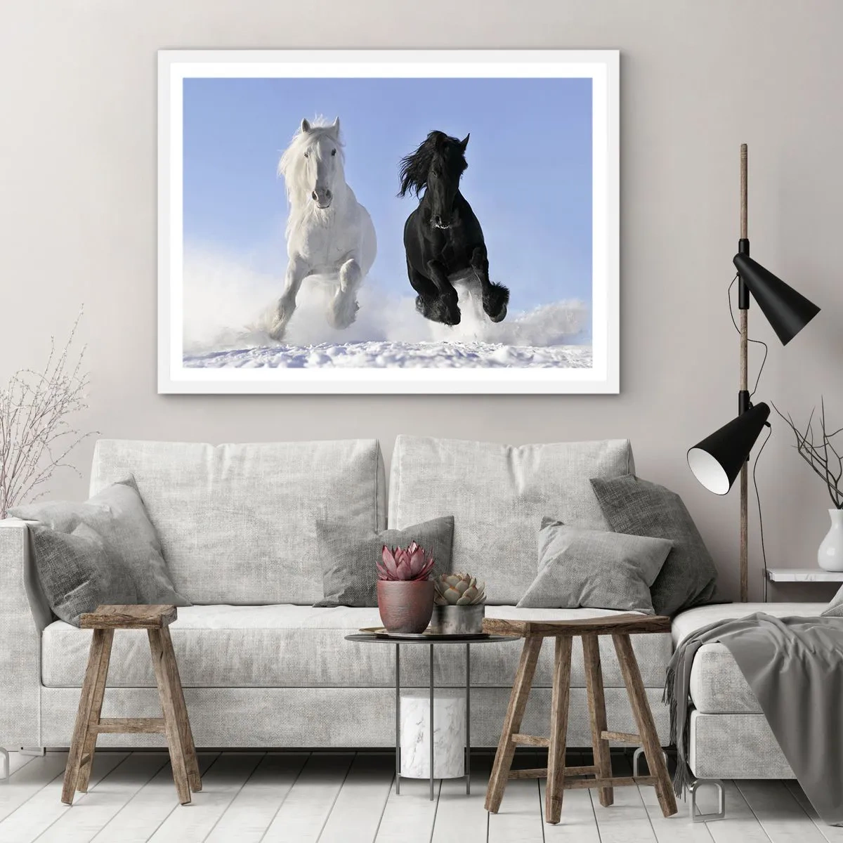 Plagát v bielom ráme - Čierno-biely cval - 100x70 cm