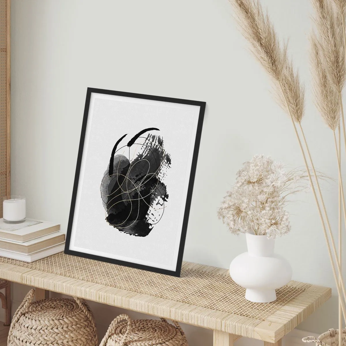Plagát v čiernom ráme - Abstraktná kompozícia v čiernej farbe s jemnými zlatými líniami. - 50x70cm - Upletené z čiernej - Moderná nástenná dekorácia do obývacej izby a spálne ARTTOR