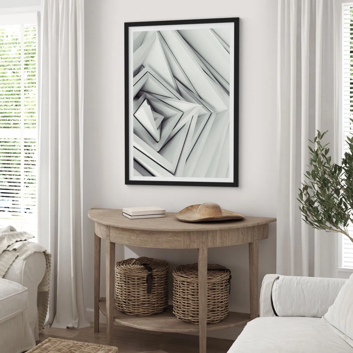 Plagát v čiernom ráme - Abstraktná kompozícia geometrických trojuholníkov v 3D - 50x70cm - Symfónia ostrých uhlov - Moderná nástenná dekorácia do obývacej izby a spálne ARTTOR