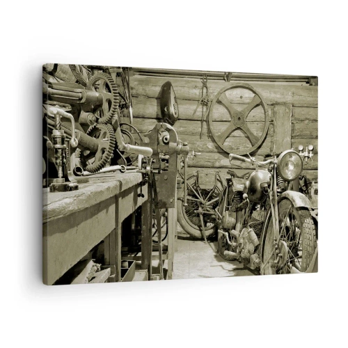 Obraz na plátne - Retro dielňa s motocyklami a náradím - 70x50cm - V kôlni strýka Mariána - Moderná nástenná dekorácia do obývacej izby a spálne ARTTOR