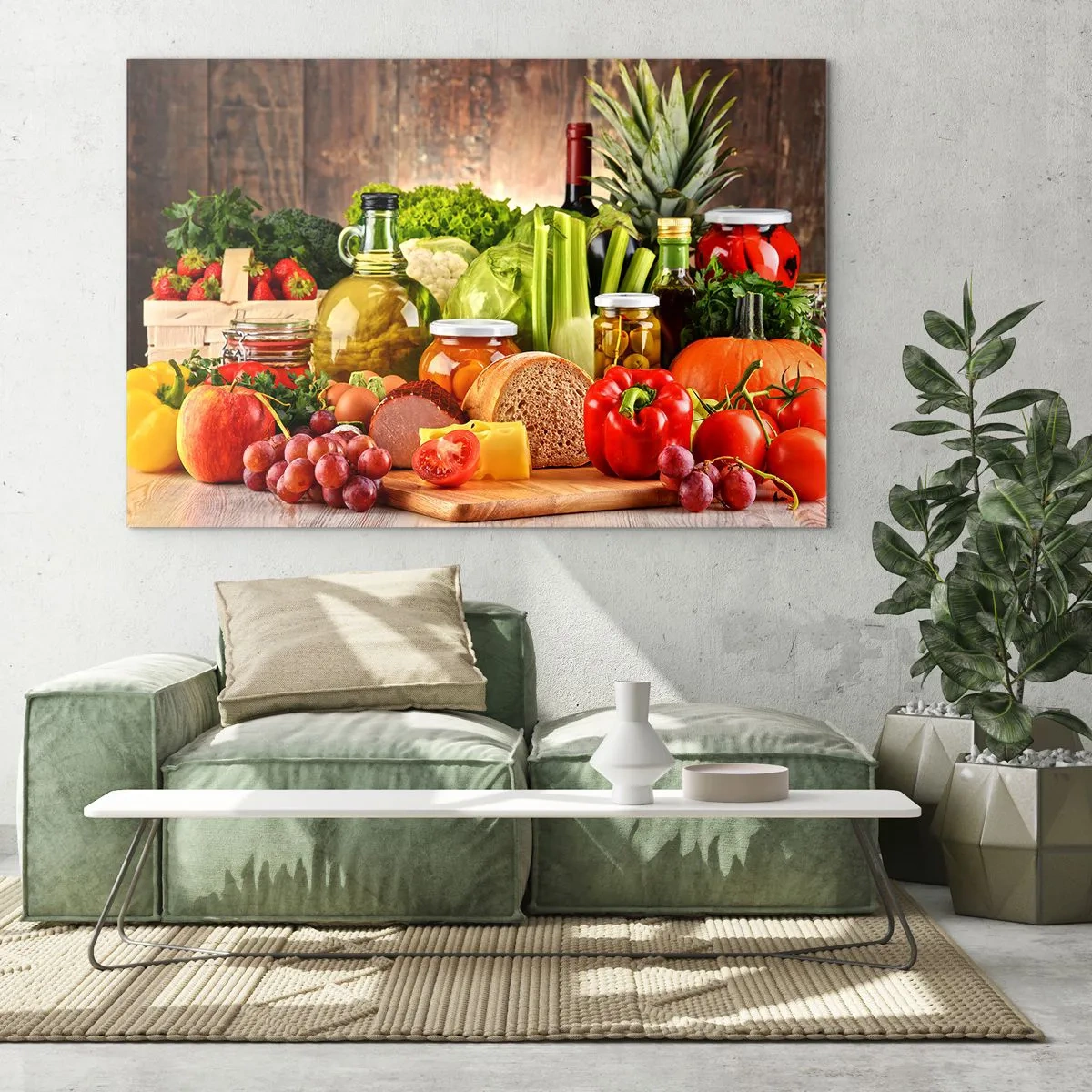 Obraz na skle - Farebná zelenina, ovocie, chlieb a džem na drevenom pozadí - 70x50cm - Údené, pečené, marinované - Moderná nástenná dekorácia do obývacej izby a spálne ARTTOR