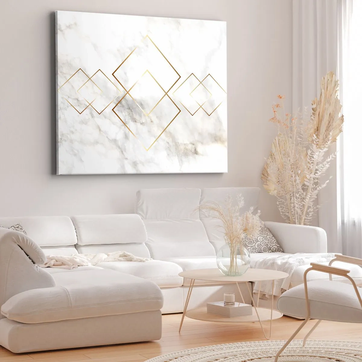 Obraz na plátne - Minimalistické zlaté kosoštvorce na mramorovom pozadí - 70x50cm - Pohľad na nekonečno - Moderná nástenná dekorácia do obývacej izby a spálne ARTTOR