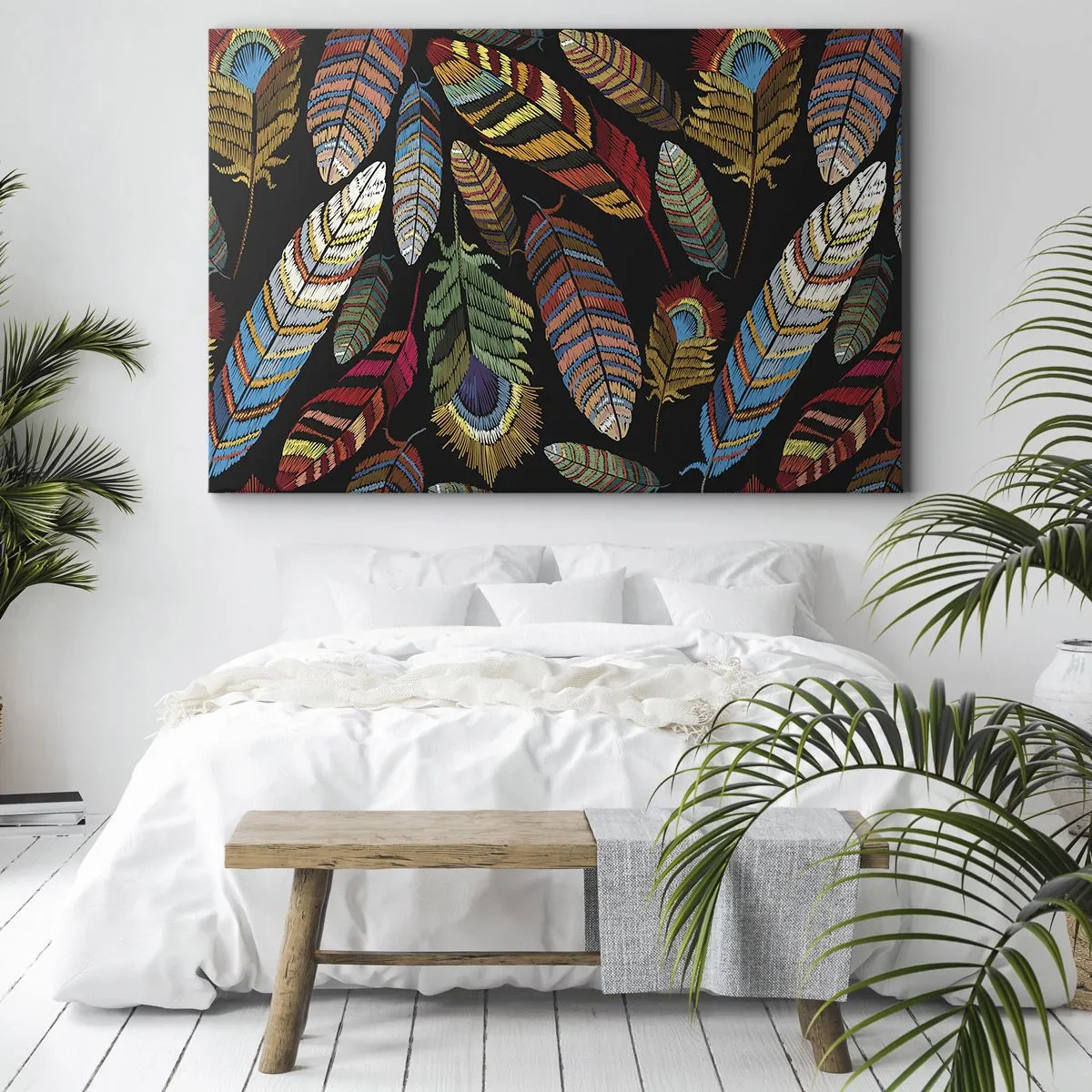 Obraz na plátne - Farebné perie na čiernom pozadí - 70x50cm - Vtáčí karneval - Moderná nástenná dekorácia do obývacej izby a spálne ARTTOR