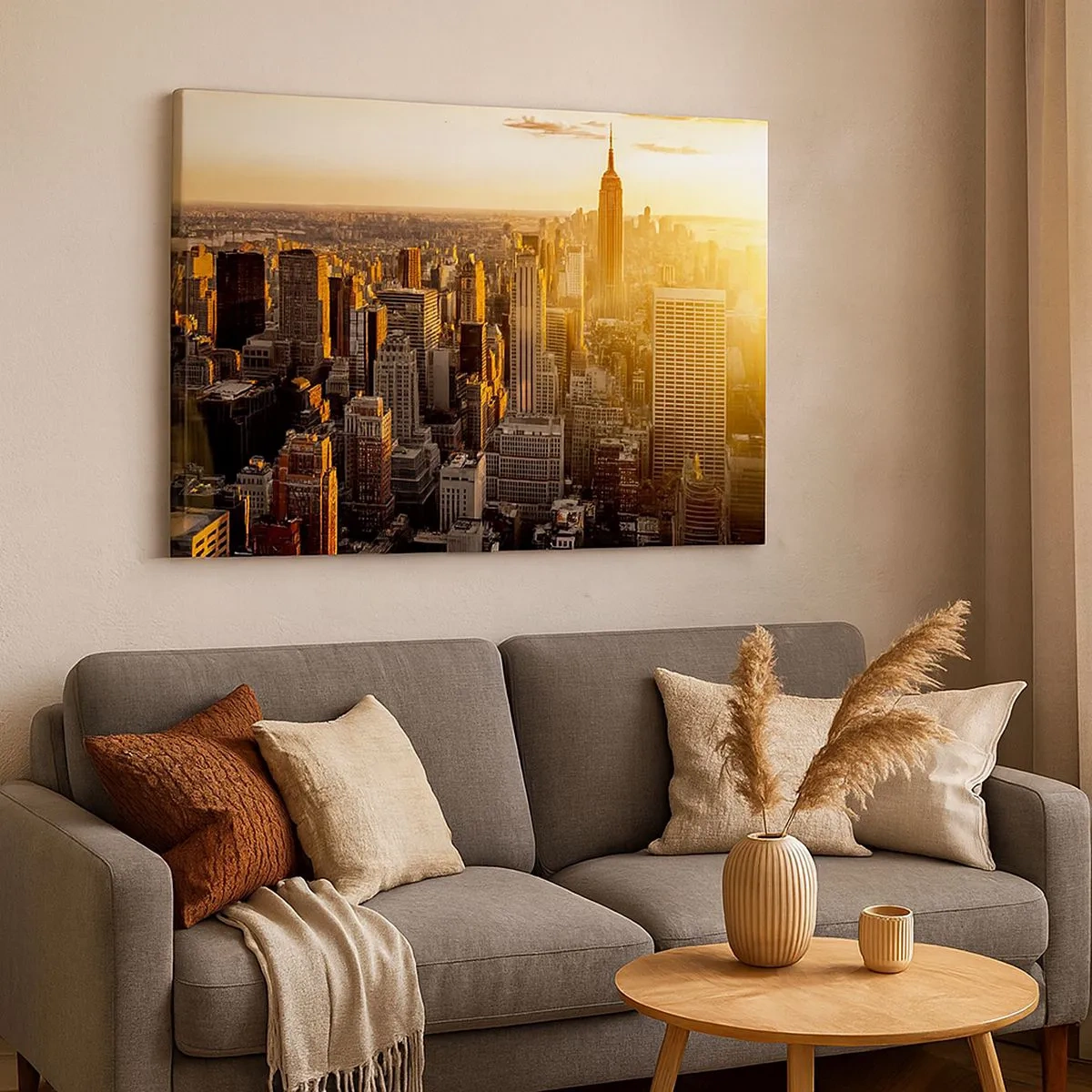 Obraz na plátne - Panoráma New Yorku pri západe slnka s výhľadom na Empire State Building - 70x50cm - Rast na slnku - Moderná nástenná dekorácia do obývacej izby a spálne ARTTOR