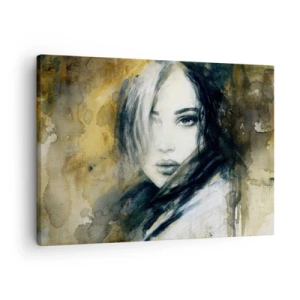 Obraz na plátne - Portrét ženy na pozadí abstraktných škvŕn v odtieňoch béžovej - 70x50cm - viac nevinná alebo zmyselná? - Moderná nástenná dekorácia do obývacej izby a spálne ARTTOR