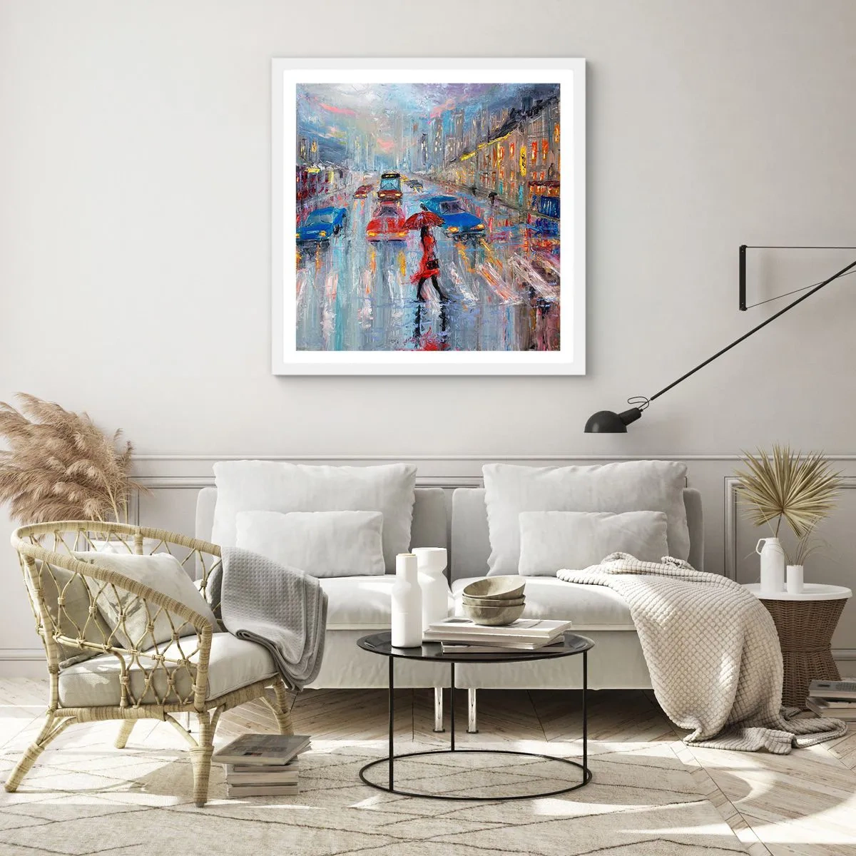 Plagát v bielom ráme - Daždivé popoludnie v meste - 60x60 cm