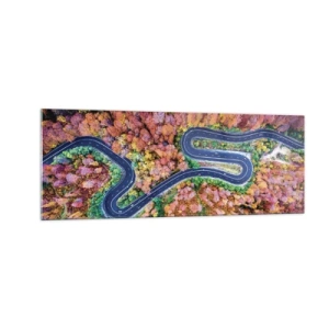Obraz na skle - Kľukatá cesta lesom - 140x50 cm