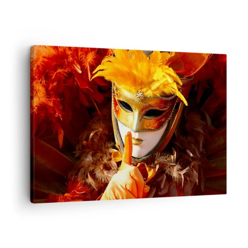 Obraz na plátne - Karnevalová maska v odtieňoch zlatej a oranžovej - 70x50cm - Tajomstvo je časťou hry - Moderná nástenná dekorácia do obývacej izby a spálne ARTTOR