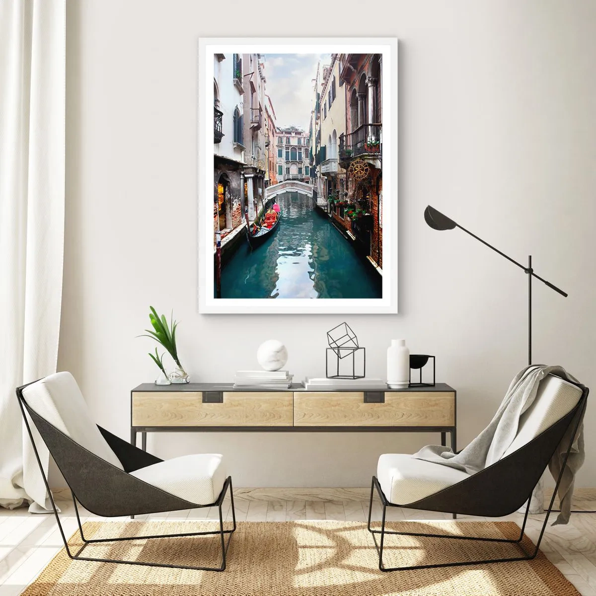 Plagát v bielom ráme - Benátska krajina s gondolou a mostíkom - 50x70 cm