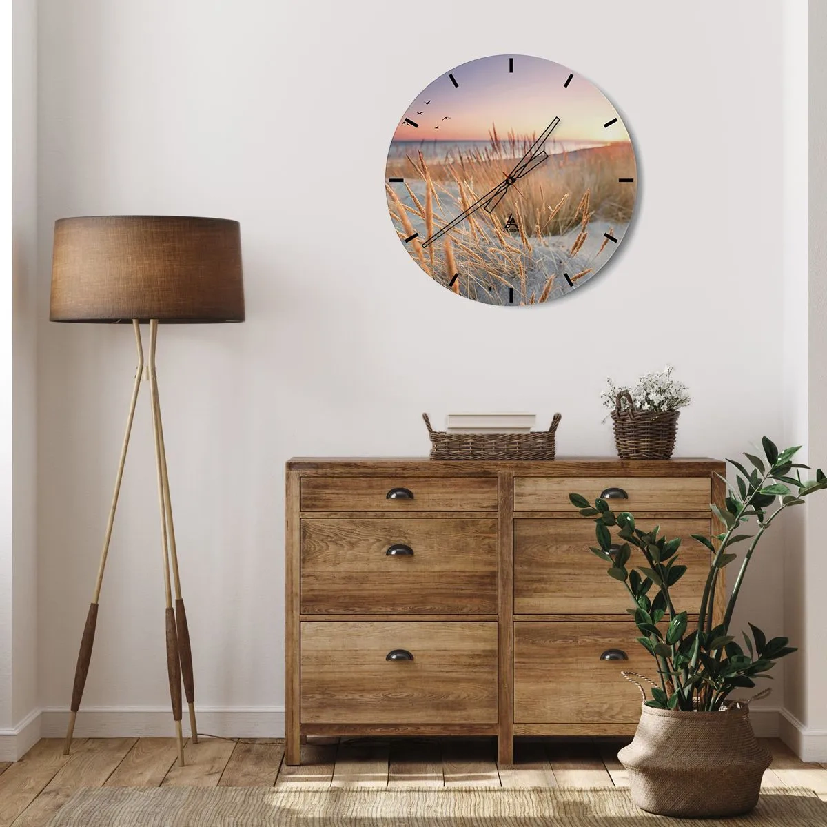 Nástenné hodiny - Plážová tráva pri západe slnka s výhľadom na more - 30x30cm - Baltská uspávanka - Moderná nástenná dekorácia do obývacej izby, kuchyne a spálne ARTTOR