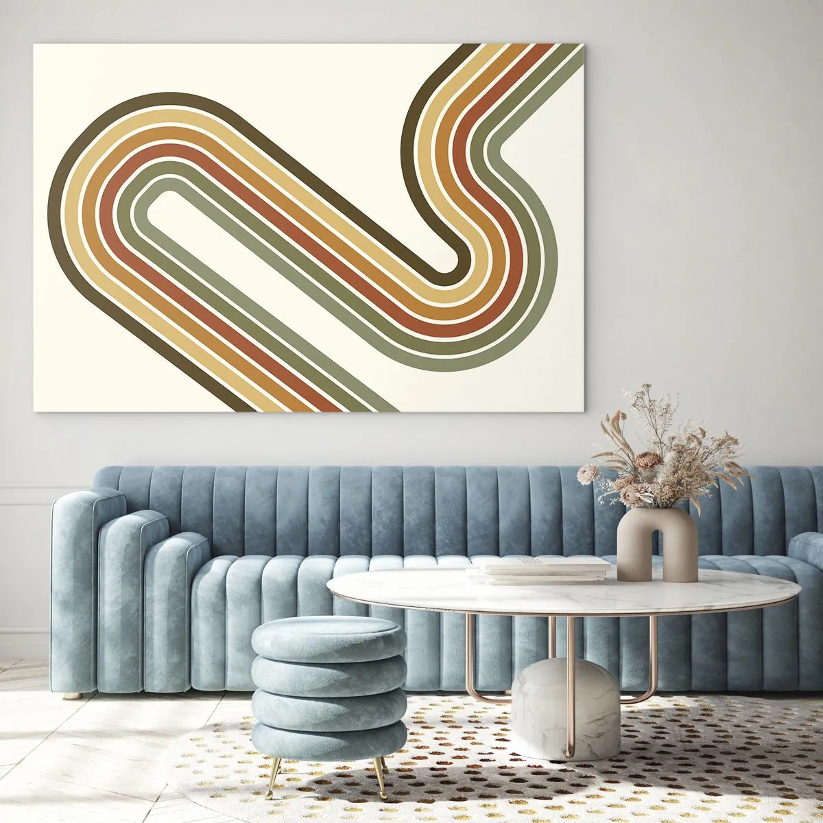 Obraz na skle - Geometrická abstrakcia v retro štýle s vlnitými čiarami - 70x50cm - Kľučkovanie do cieľa - Moderná nástenná dekorácia do obývacej izby a spálne ARTTOR
