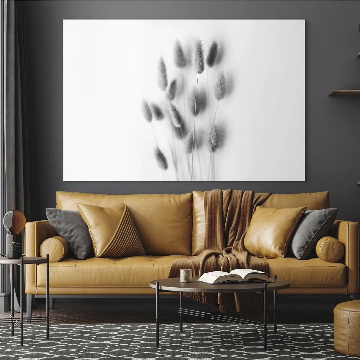 Obraz na skle - Čiernobiele klasy trávy na svetlom pozadí v minimalistickom štýle - 70x50cm - Našuchorená tráva - Moderná nástenná dekorácia do obývacej izby a spálne ARTTOR