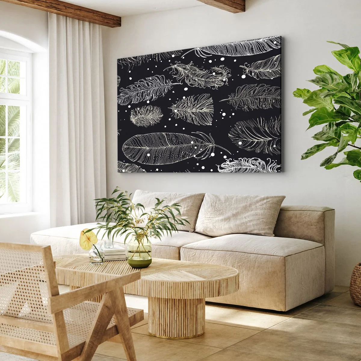 Obraz na plátne - Jemné biele pierka na tmavomodrom pozadí - 70x50cm - Čipka s perím - Moderná nástenná dekorácia do obývacej izby a spálne ARTTOR