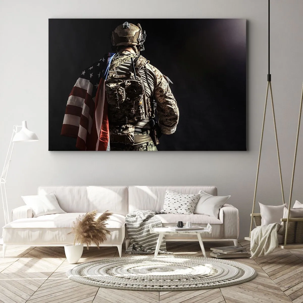 Obraz na plátne - Vojak v uniforme s vlajkou na tmavom pozadí - 70x50cm - Práve preto - Moderná nástenná dekorácia do obývacej izby a spálne ARTTOR