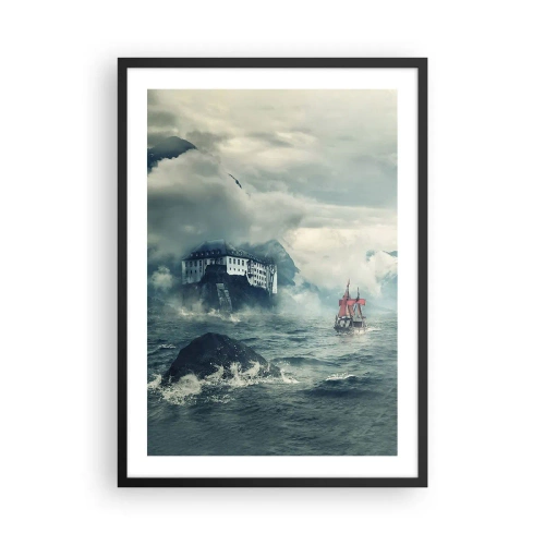 Plagát v čiernom ráme - Loď na rozbúrenom mori neďaleko hradu v hmle - 50x70cm - V kúzelných vodách - Moderná nástenná dekorácia do obývacej izby a spálne ARTTOR