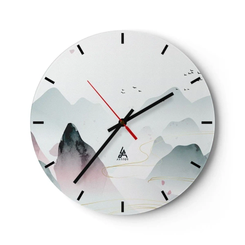 Nástenné hodiny - Minimalistická horská krajina v pastelových odtieňoch s lietajúcimi vtákmi. - 30x30cm - Cez vrcholy - Moderná nástenná dekorácia do obývacej izby, kuchyne a spálne ARTTOR