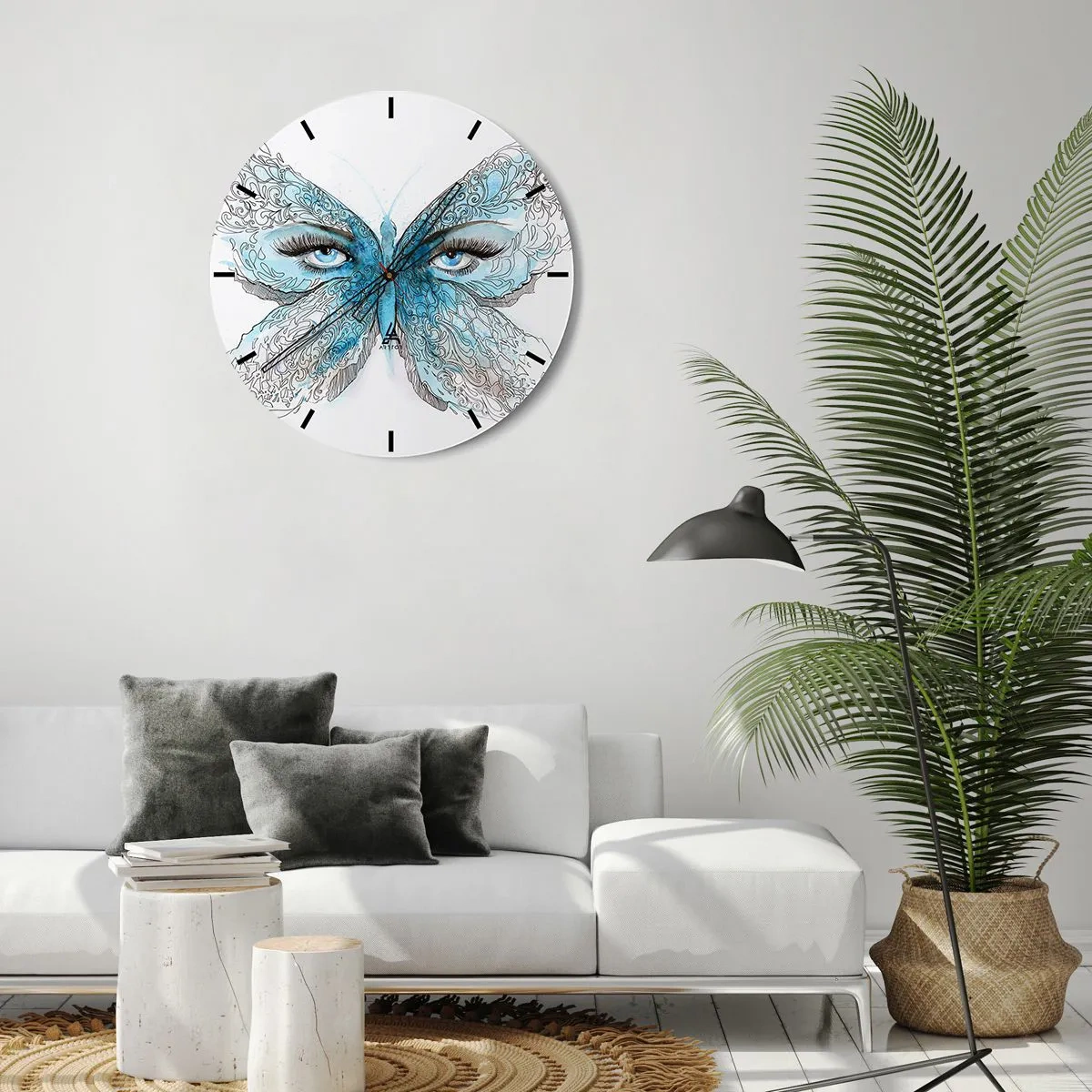 Nástenné hodiny - Modrý motýľ s detailom oka a jemným umeleckým vzorom - 30x30cm - Sýkorka modrinka eros - Moderná nástenná dekorácia do obývacej izby, kuchyne a spálne ARTTOR