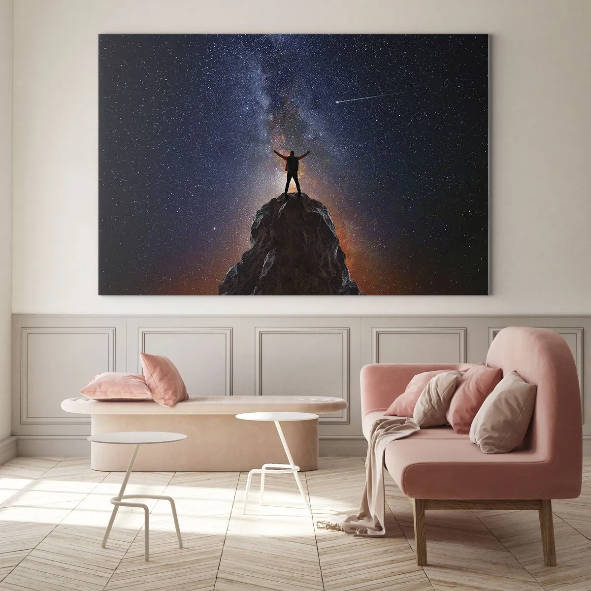 Obraz na skle - Silueta muža na vrchole skaly pod hviezdnou oblohou - 70x50cm - Sila je so mnou! - Moderná nástenná dekorácia do obývacej izby a spálne ARTTOR