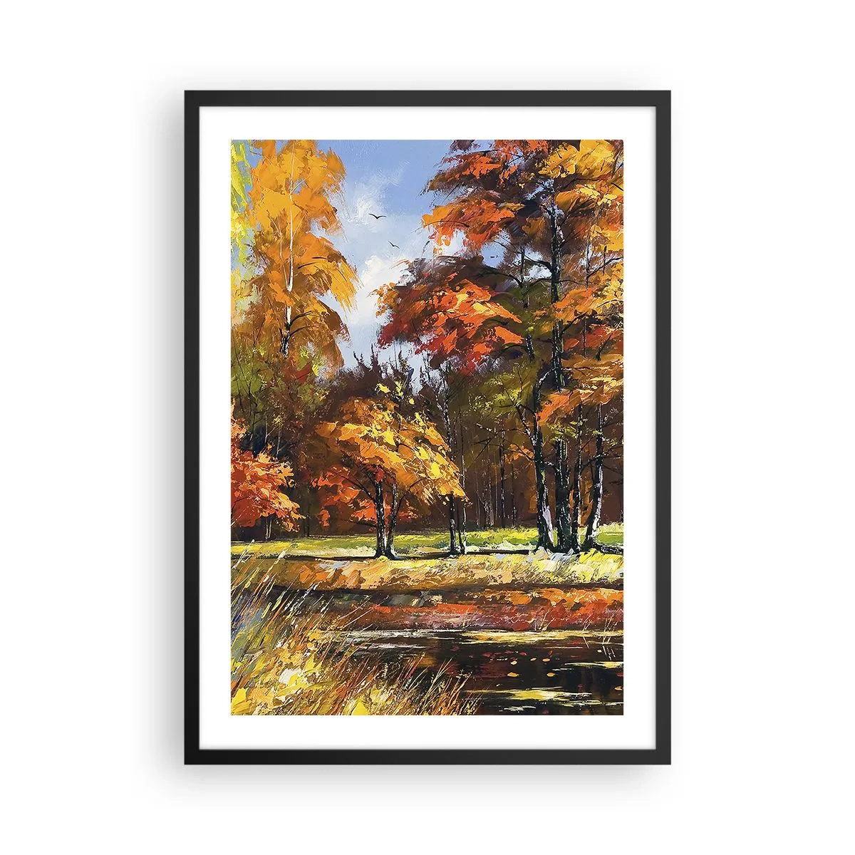 Plagát v čiernom ráme - Jesenná krajina s farebnými stromami - 50x70cm - Krajinka v zlatej a hnedej - Moderná nástenná dekorácia do obývacej izby a spálne ARTTOR