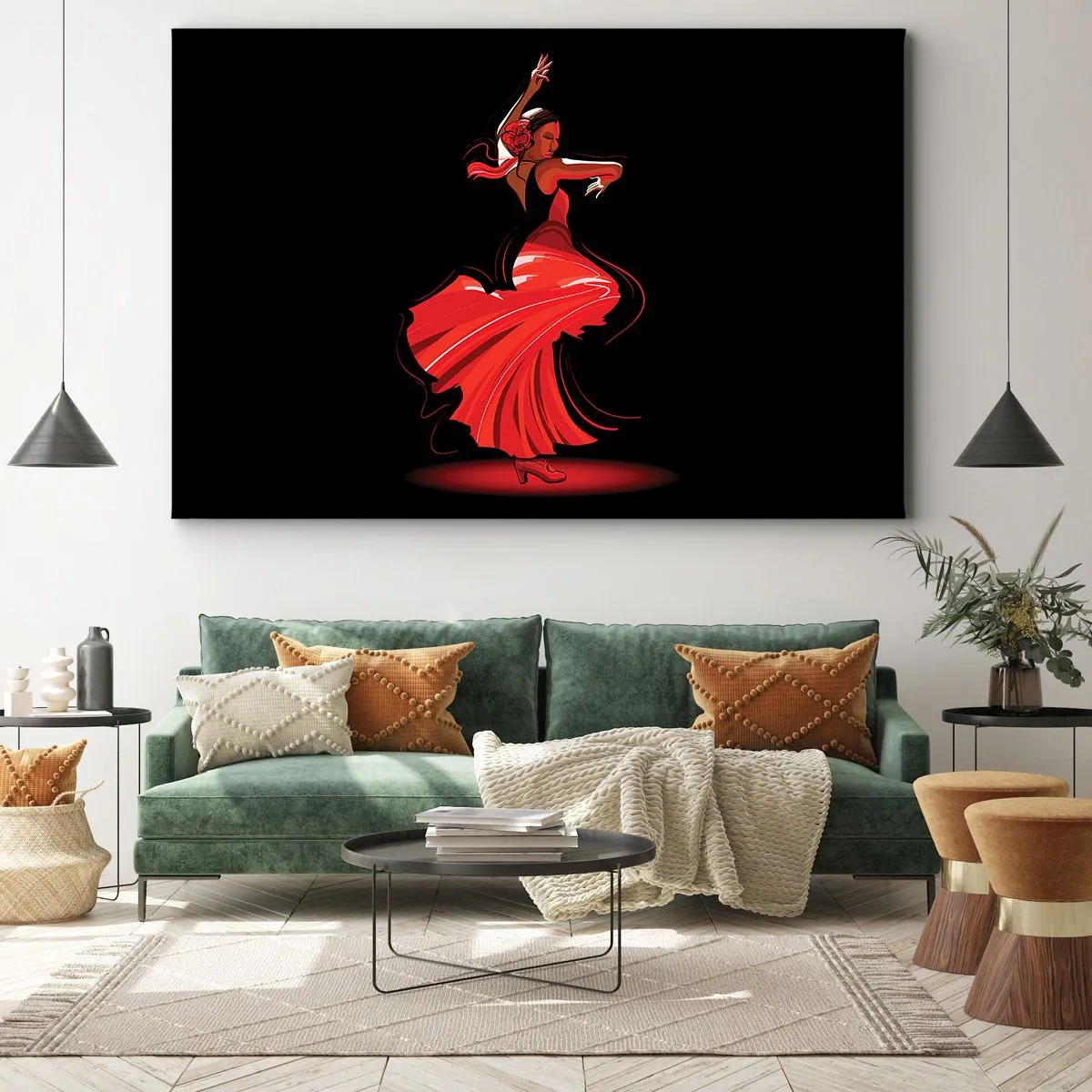 Obraz na plátne - Flamenco tanečnica v červených šatách na čiernom pozadí - 70x50cm - Horúca duša flamenco - Moderná nástenná dekorácia do obývacej izby a spálne ARTTOR