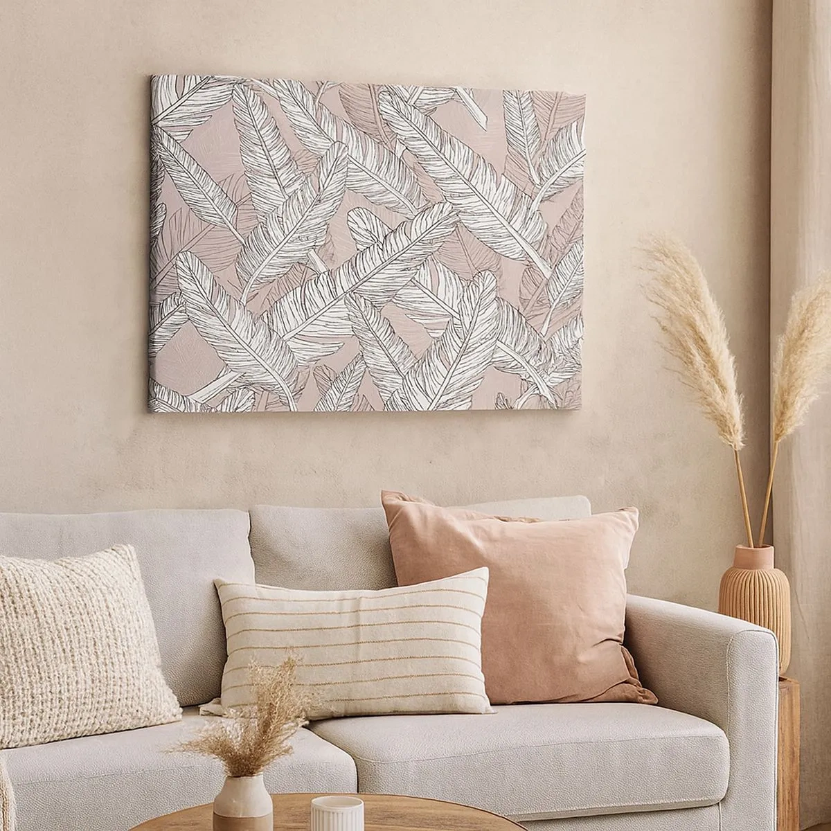 Obraz na plátne - Čiernobiely vzor s banánovými listami na svetlom pozadí - 70x50cm - Vírenie peria - Moderná nástenná dekorácia do obývacej izby a spálne ARTTOR