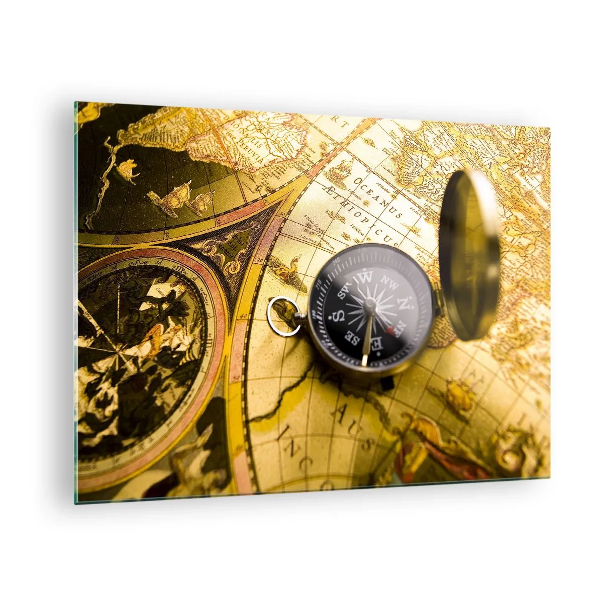 Obraz na skle - Zlatá mapa s kompasom ako dobrodružný akcent - 70x50cm - Čo tak na koniec sveta? - Moderná nástenná dekorácia do obývacej izby a spálne ARTTOR