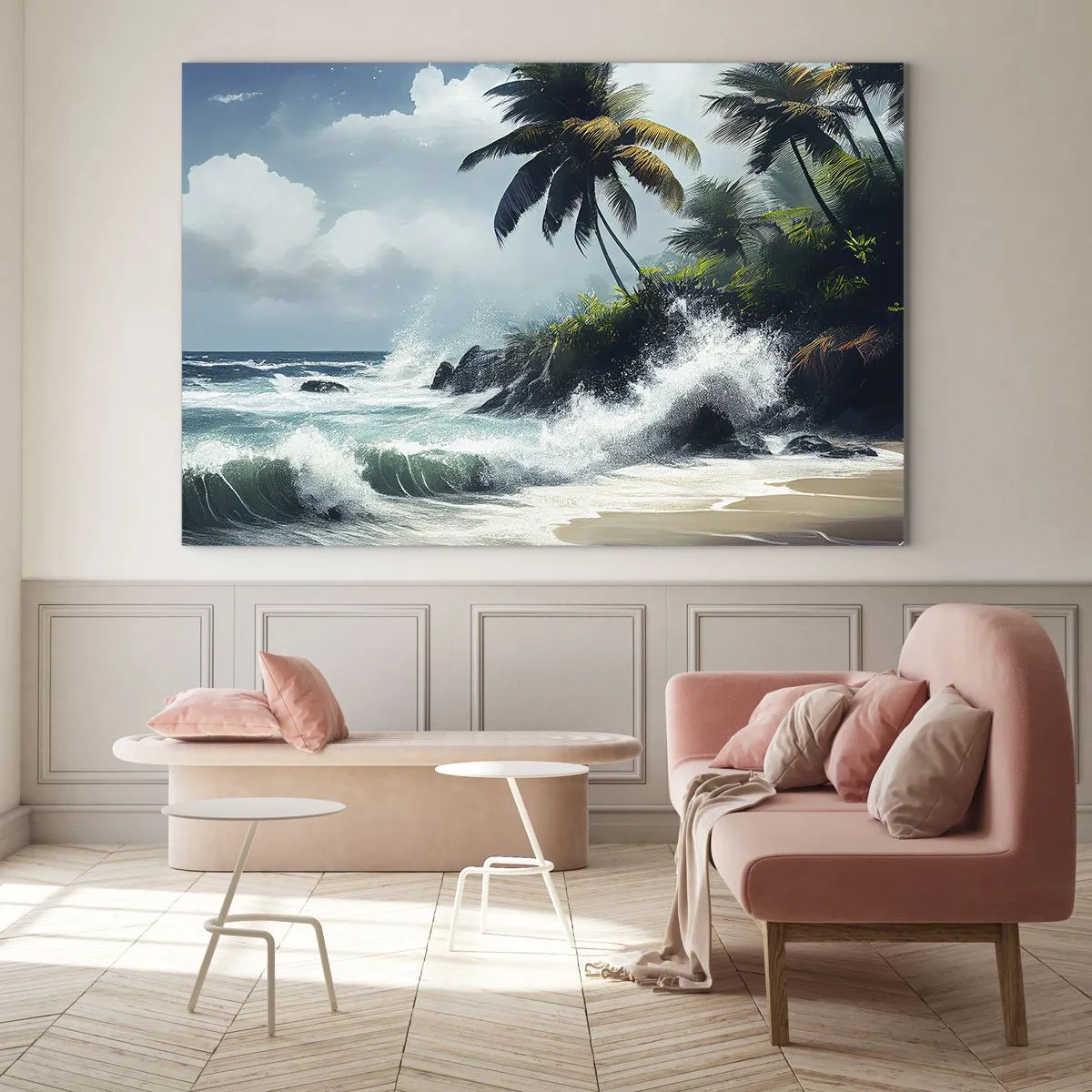 Obraz na skle - Vlny narážajúce do skál pri palmách na tropickej pláži - 70x50cm - Na tropickom pobreží - Moderná nástenná dekorácia do obývacej izby a spálne ARTTOR