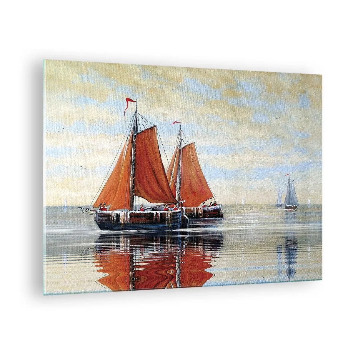 Obraz na skle - Plachetnice na pokojnom mori pri západe slnka - 70x50cm - Pluj, námorník… - Moderná nástenná dekorácia do obývacej izby a spálne ARTTOR