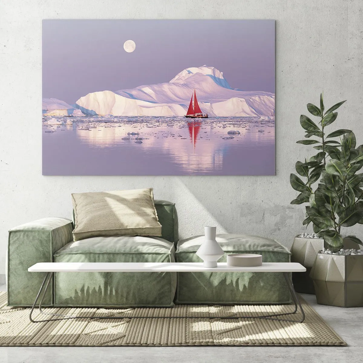 Obraz na skle - Plachetnica na pozadí ľadovcov v mesačnom svite - 70x50cm - Žiar plachty, chlad ľadu - Moderná nástenná dekorácia do obývacej izby a spálne ARTTOR