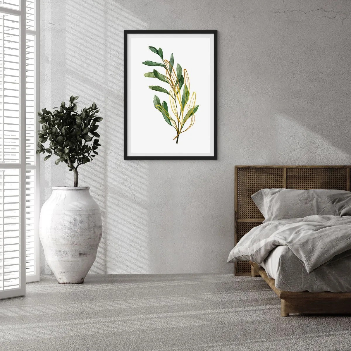 Plagát v čiernom ráme - Akvarelová vetvička s jemnými zlatými akcentmi - 50x70cm - Všetko, čo je dobré - Moderná nástenná dekorácia do obývacej izby a spálne ARTTOR