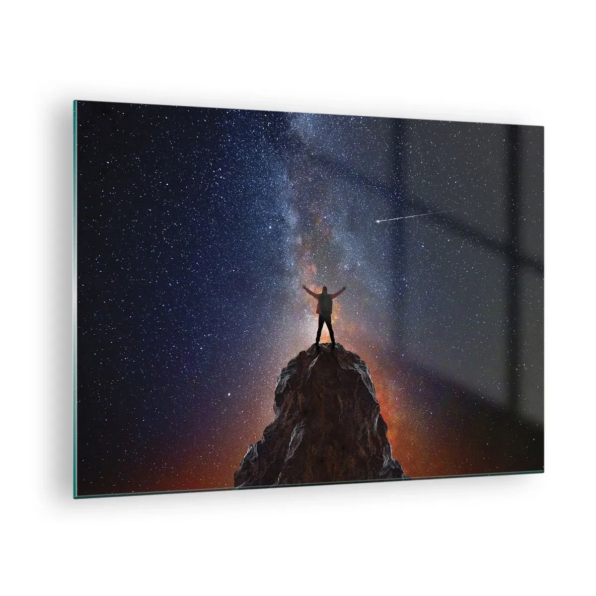 Obraz na skle - Silueta muža na vrchole skaly pod hviezdnou oblohou - 70x50cm - Sila je so mnou! - Moderná nástenná dekorácia do obývacej izby a spálne ARTTOR