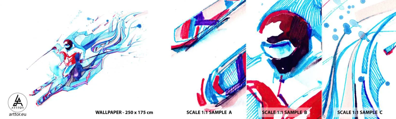 Vzorka Fototapeta Standard Eco - Šialený beh za radosťou - Abstrakcia, Lyže, Lyžiar - 100x30 cm