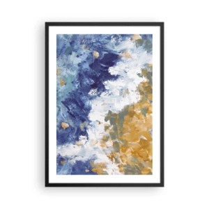 Plagát v čiernom ráme - Abstraktná kompozícia v odtieňoch modrej, bielej a zlatej. - 50x70cm - Tanec živlov - Moderná nástenná dekorácia do obývacej izby a spálne ARTTOR