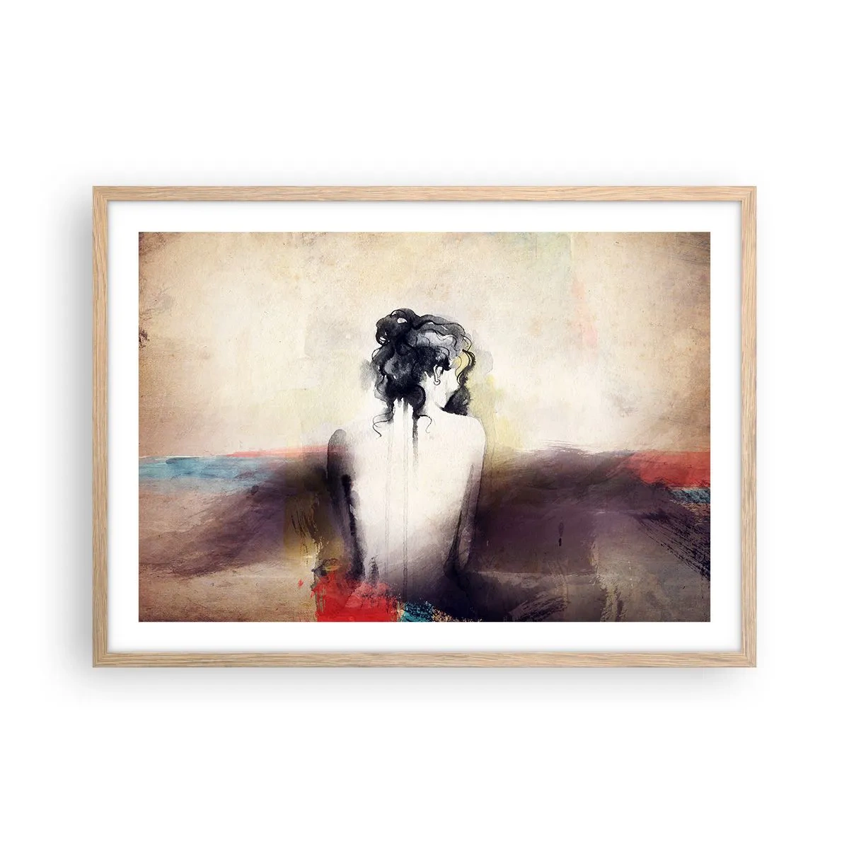 Plagát v ráme zo svetlého duba - Jemné línie, oválne tvary - 70x50 cm