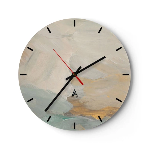 Nástenné hodiny - Jemné ťahy štetcom v béžovej, modrej a zlatej farbe - 30x30cm - Abstrakcia – krajina nehy - Moderná nástenná dekorácia do obývacej izby, kuchyne a spálne ARTTOR