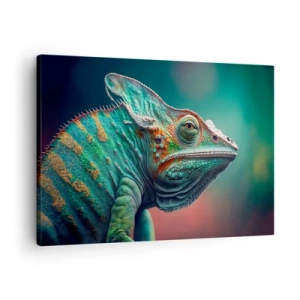 Obraz na plátne - Detailný záber chameleóna v intenzívnych farbách - 70x50cm - Vidíš ma? To nie je dobre… - Moderná nástenná dekorácia do obývacej izby a spálne ARTTOR