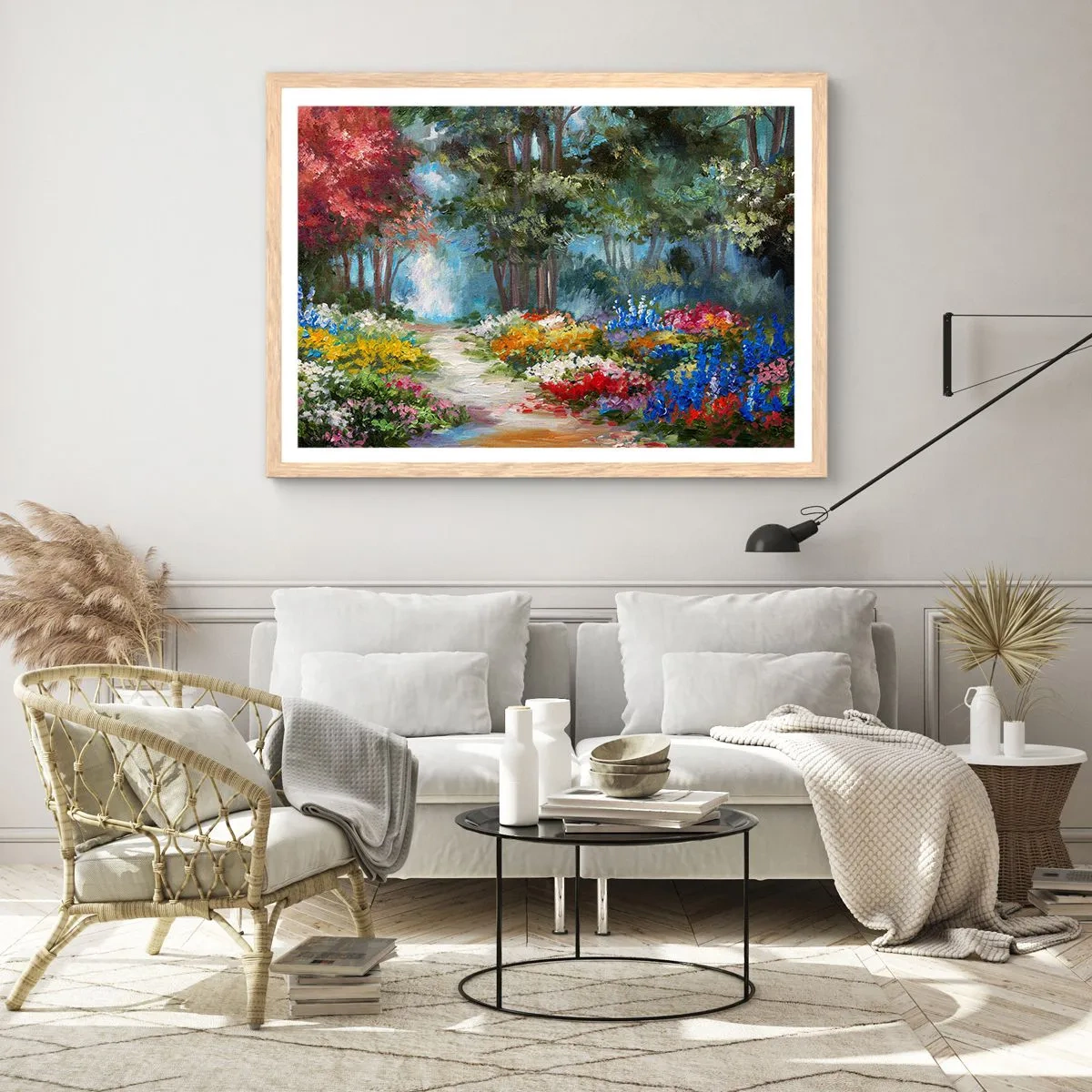 Plagát v ráme zo svetlého duba - Lesná záhrada, kvetinový les - 100x70 cm
