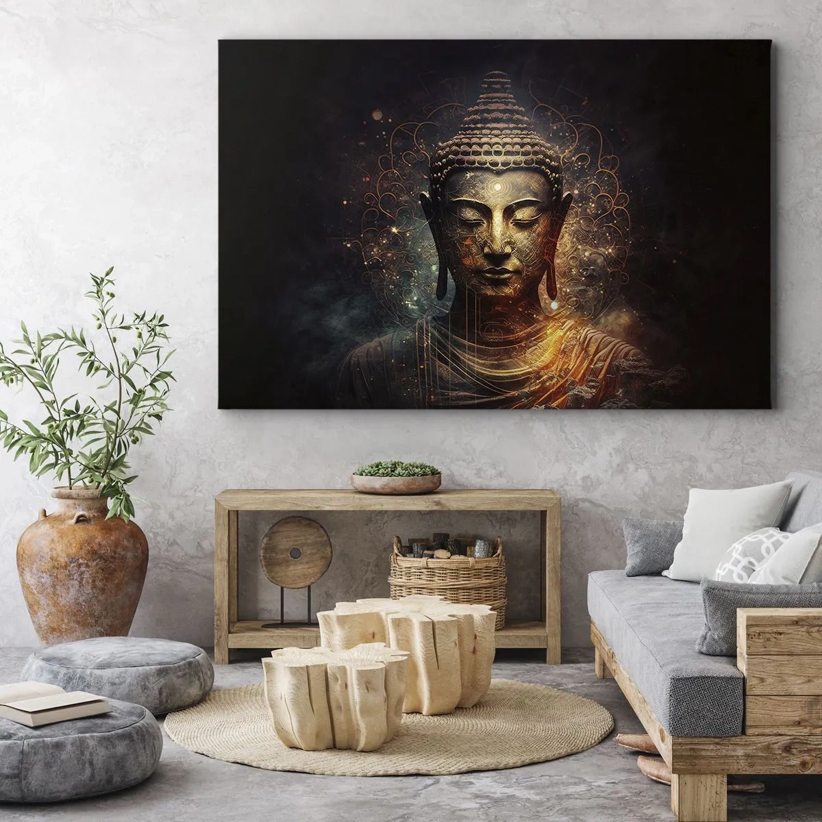 Obraz na plátne - Zlatý Budha na tmavom pozadí s ornamentami - 70x50cm - Duchovná rovnováha - Moderná nástenná dekorácia do obývacej izby a spálne ARTTOR