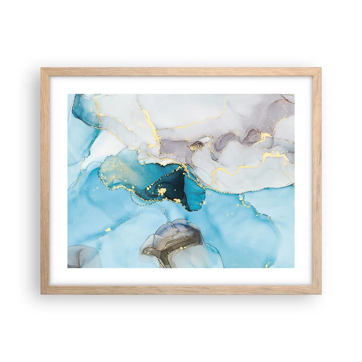 Plagát v ráme zo svetlého duba - Štúdia o stretnutí šedej a tyrkysovej - 50x40 cm