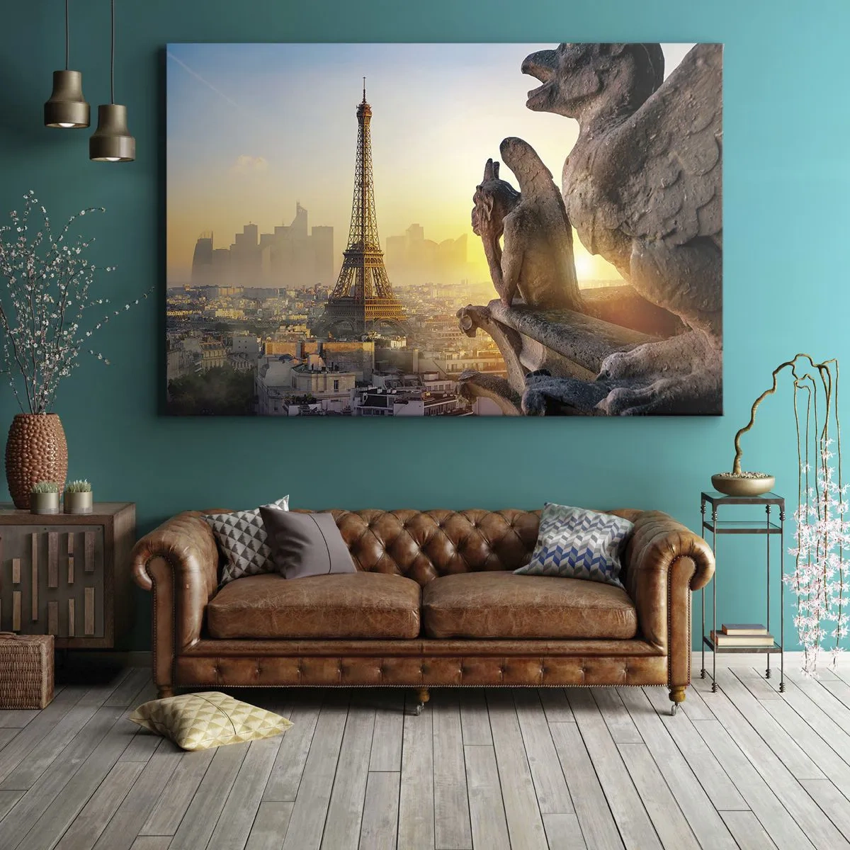 Obraz na plátne - Pohľad na Eiffelovu vežu s chrličmi v pozadí - 70x50cm - Veľa sa zmenilo… - Moderná nástenná dekorácia do obývacej izby a spálne ARTTOR